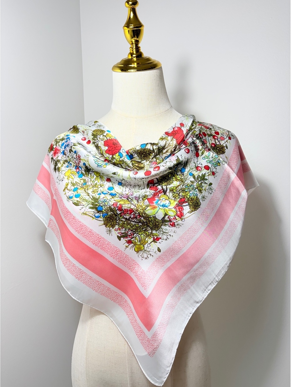 Elegant Floral Square Satin Scarf with Pink Border, 68cm x 68cm, Lightweight and